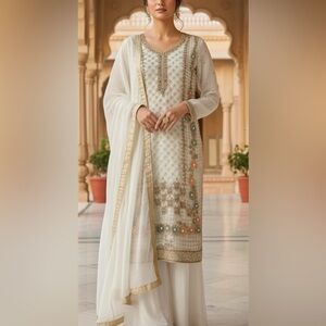 Pakistani Custom-Made Ivory & Gold Embroidered 2-Piece Suit – Size S